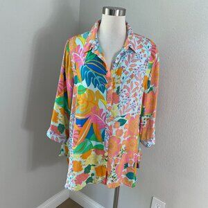 Rose + Olive Womens Plus 1X Colorful Floral Button Up Blouse 3/4 Sleeve Shirt